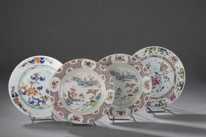 Quatre assiettes en porcelaine d'exportation
Chine,...