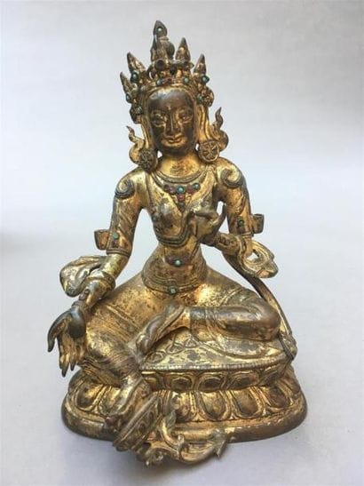 STATUETTE DE TARA VERTE en bronze doré
Tibet,...