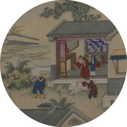 Deux petites peintures rondes à l'encre et...