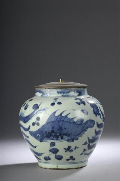 Petite jarre en porcelaine bleu blanc monté...