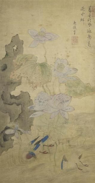 Peinture à l'encre et couleur sur soie encadrée
Chine,...
