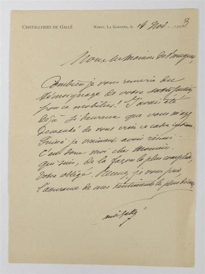 Émile Gallé (1846-1904)
Deux lettres autographes
Signées...