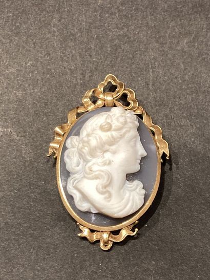 Broche camée à profil de femme agate cerclée...
