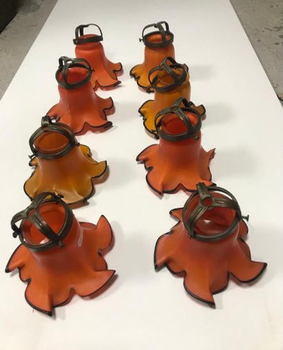 Eight orange tulip-shaped Art Nouveau chandelier...