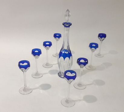Liqueur service in blue and white faceted...