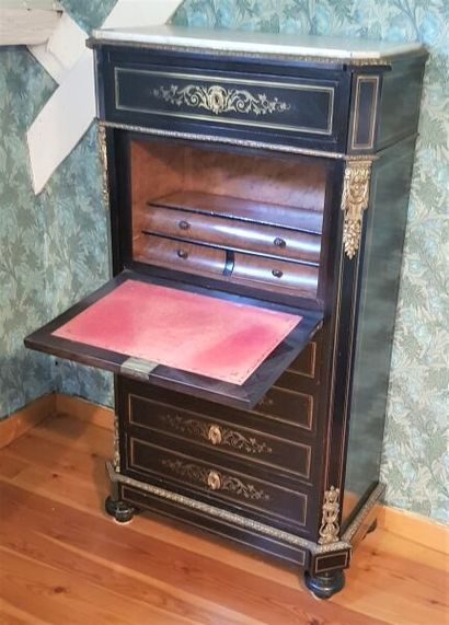 Secretary in blackened wood inlaid with brass...