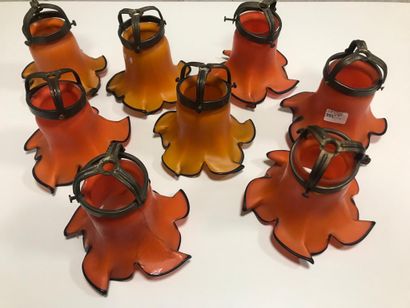 Eight orange tulip-shaped Art Nouveau chandelier...