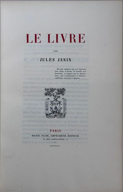 JANIN (J.). Le Livre. Paris, Plon, 1870....