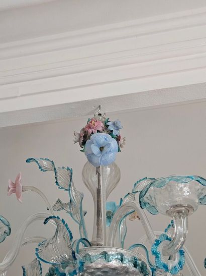 Six-light Murano glass chandelier with blue...