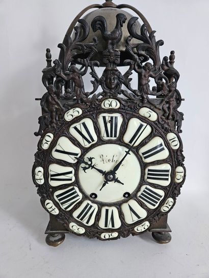 Steel cockerel clock decorated with figures,...