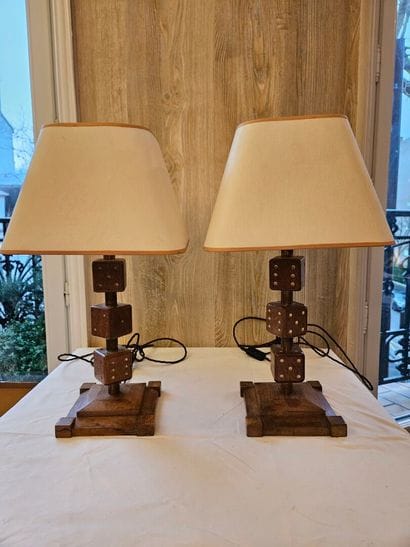 Pair of table lamps in wood, the shaft featuring...