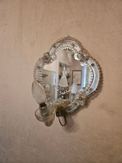 Pair of drawn glass sconces with engraved...