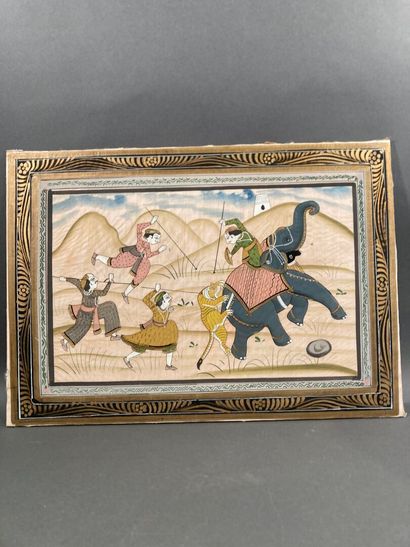 Two paintings on silk
The Tiger Hunt, India
Glued...
