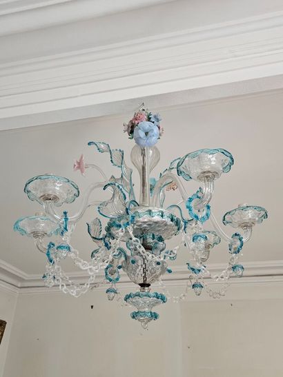 Six-light Murano glass chandelier with blue...