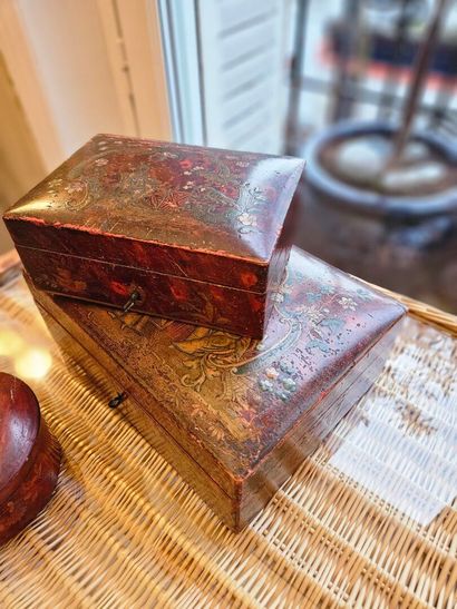 Three different wooden boxes with lacquered...