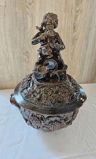 Brown glazed stoneware oille pot decorated...