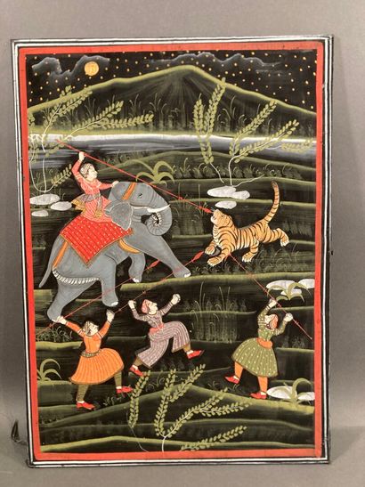 Two paintings on silk
The Tiger Hunt, India
Glued...