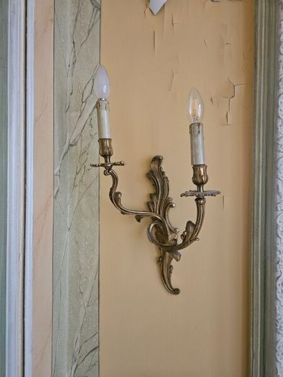 Pair of Louis XV style two-light gilt bronze...