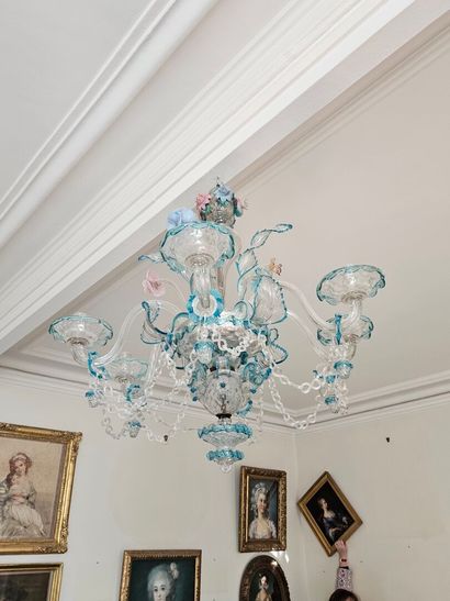 Six-light Murano glass chandelier with blue...