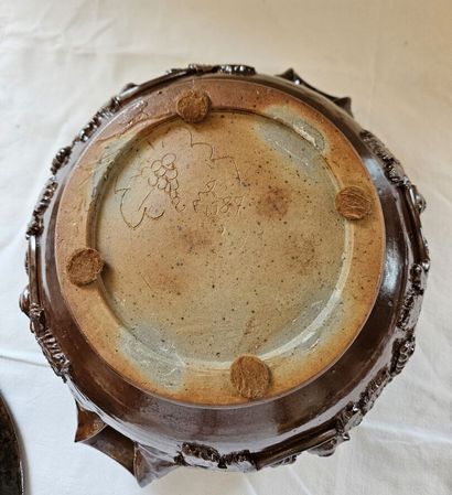 Brown glazed stoneware oille pot decorated...
