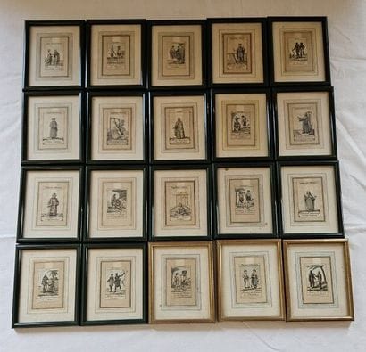 Set of 20 colorful engraved vignettes on...