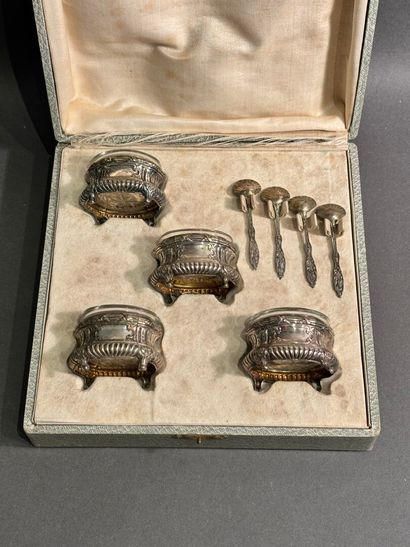 Set of four silver salerons and four silver...