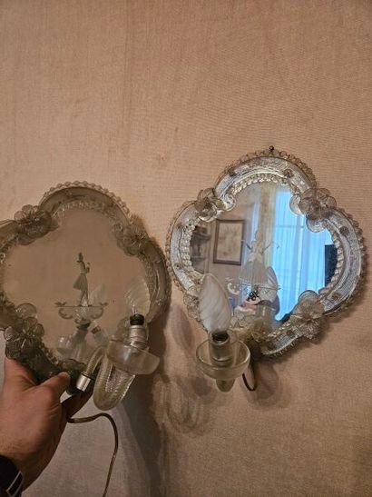 Pair of drawn glass sconces with engraved...