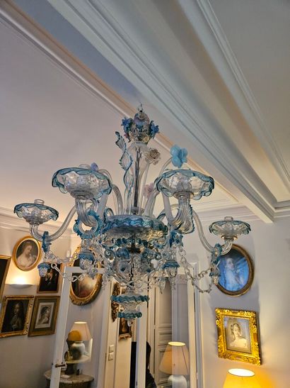 Six-light Murano glass chandelier with blue...