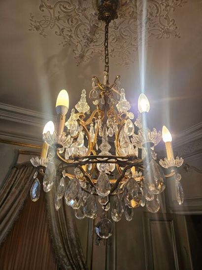 6-light ormolu chandelier with pink tassels...