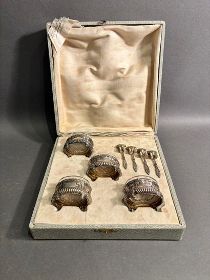 Set of four silver salerons and four silver...