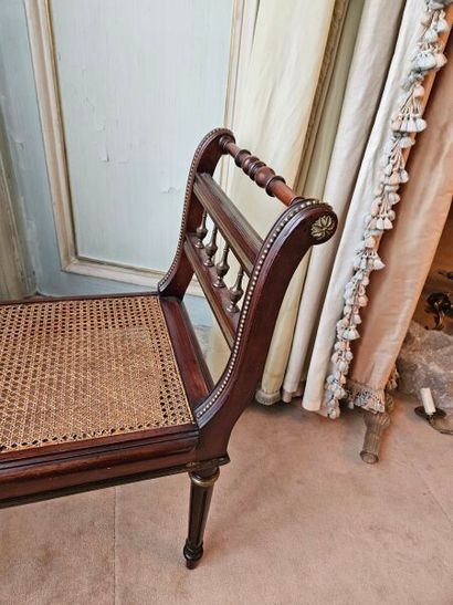 Moulded mahogany piano bench with cane backrest...