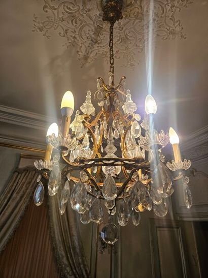6-light ormolu chandelier with pink tassels...