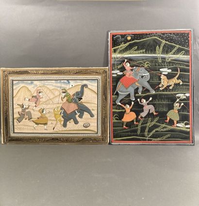 Two paintings on silk
The Tiger Hunt, India
Glued...