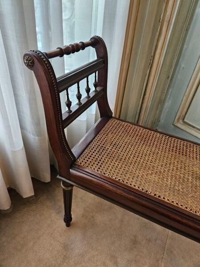 Moulded mahogany piano bench with cane backrest...