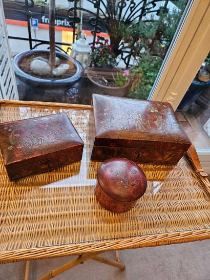Three different wooden boxes with lacquered...