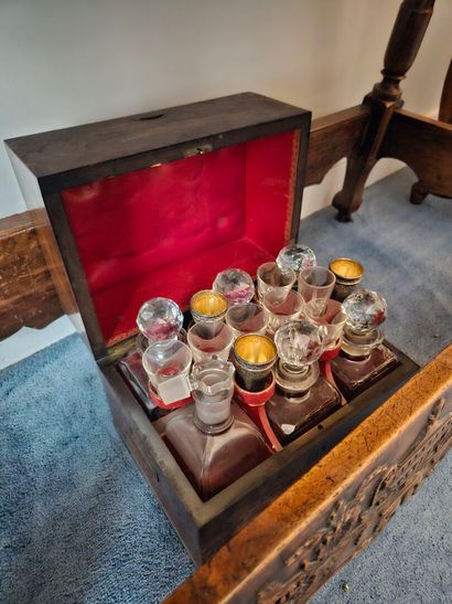 Wooden liqueur cellar with six decanters...