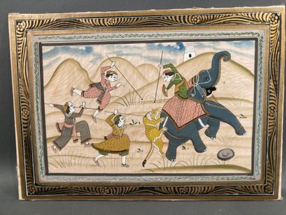 Two paintings on silk
The Tiger Hunt, India
Glued...