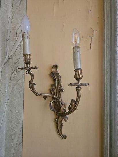 Pair of Louis XV style two-light gilt bronze...