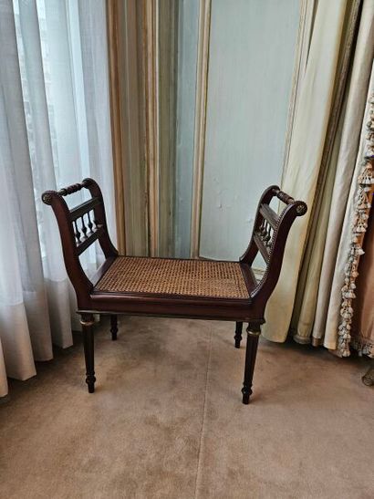 Moulded mahogany piano bench with cane backrest...