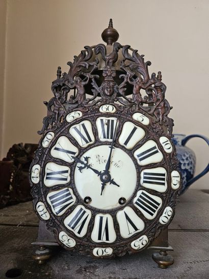Steel cockerel clock decorated with figures,...