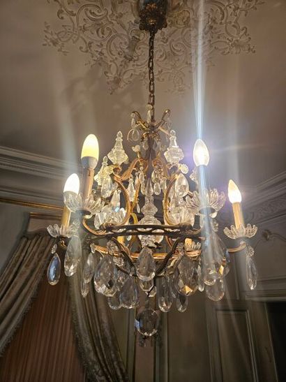 6-light ormolu chandelier with pink tassels...