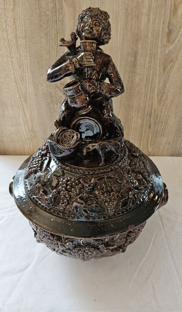 Brown glazed stoneware oille pot decorated...