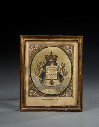 Framed perpetual calendar with two pivoting...