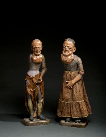 Pair of goitreux (goiter disease) in polychrome...