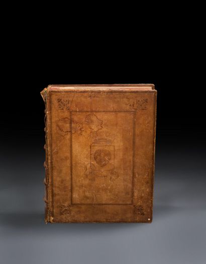 Giant book bearing the arms of a crowned...