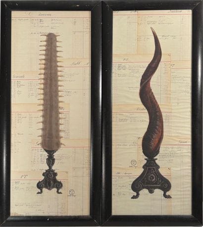 Two framed compositions depicting a pedestal-mounted...