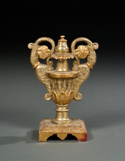 Carved wood baluster vase with gold and mecca...