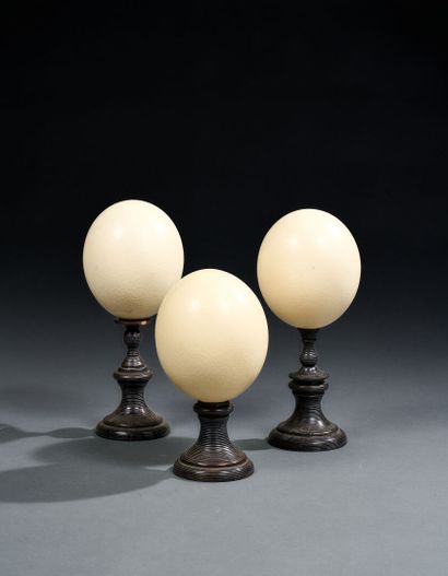Set of three ostrich eggs on black turned...