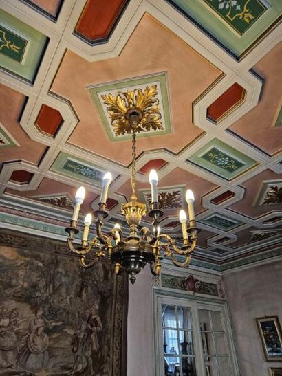 8-light gilt bronze chandelier, the shaft...