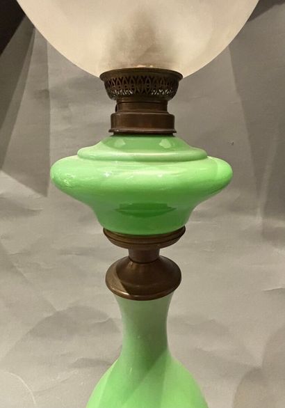 Green opaline glass kerosene lamp, electrically...